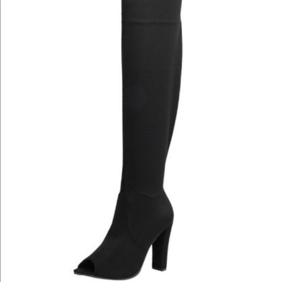 Elaine Over The Knee Peep Toe Black Suede Boots - Picture 8 of 8